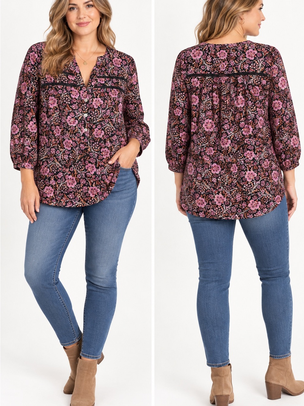 J. Jill Pink Floral V-Neck Corduroy Peasant Blouse on Black Size Small